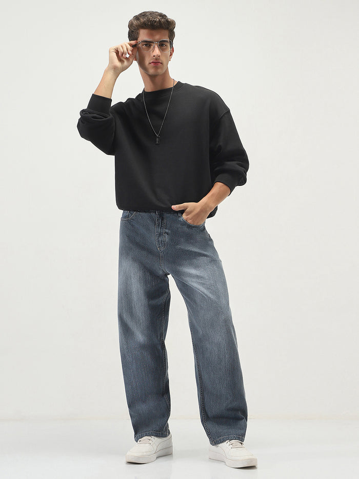 Men's Grey Loose Baggy Fit Washed Denim Jeans Non-Stretchable