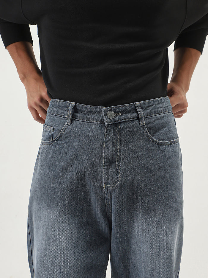 Men's Grey Loose Baggy Fit Washed Denim Jeans Non-Stretchable