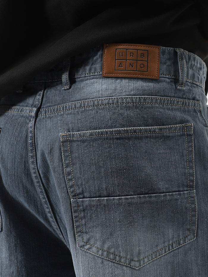 Men's Grey Loose Baggy Fit Washed Denim Jeans Non-Stretchable