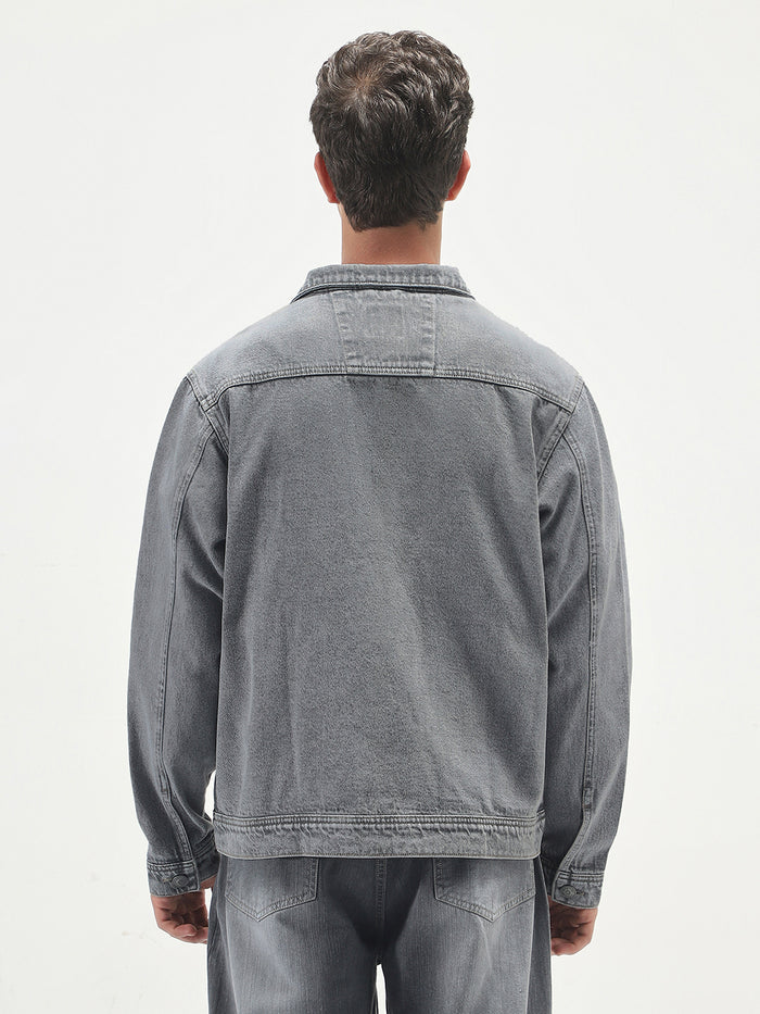 Men's Grey Relaxed Fit Full Sleeve Utility Denim Jacket
