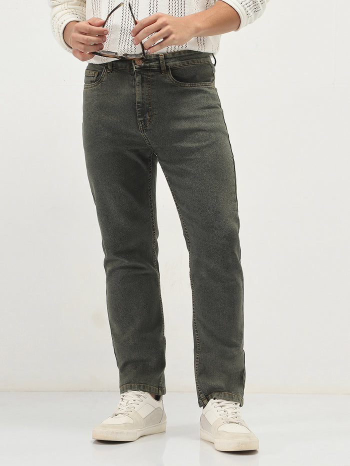 Men's Grey Straight Fit Heavy Washed Jeans Stretchable