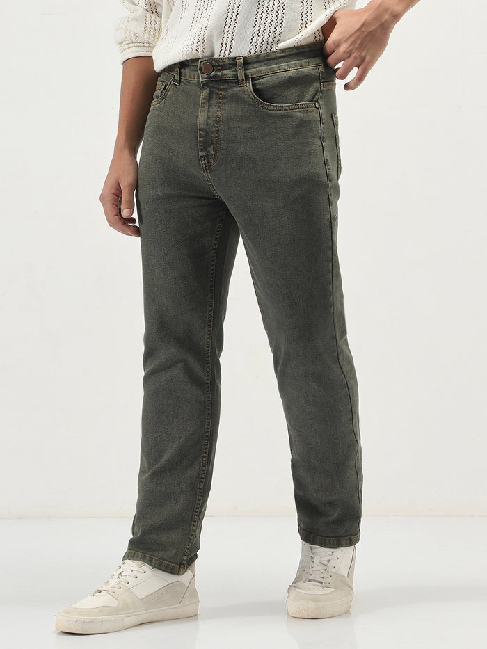 Men's Grey Straight Fit Heavy Washed Jeans Stretchable