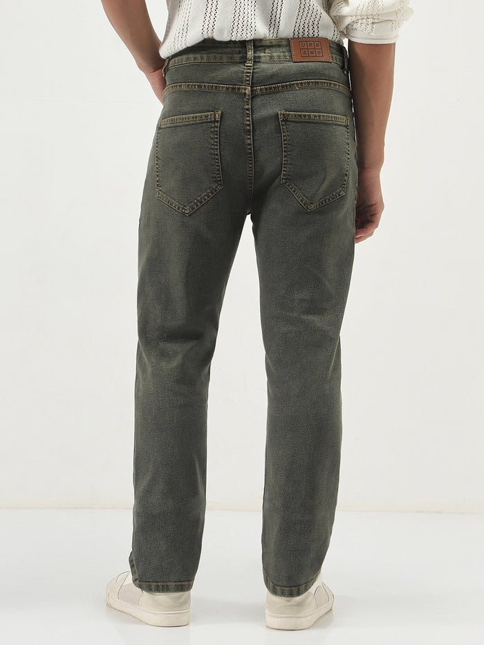 Men's Grey Straight Fit Heavy Washed Jeans Stretchable