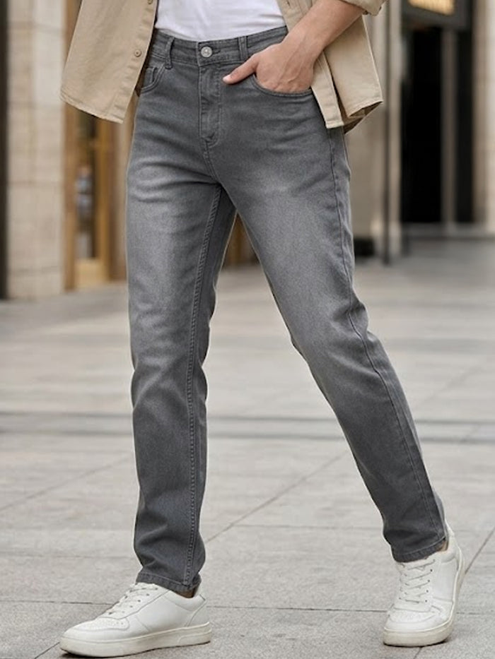 Men's Grey Straight Fit Washed Jeans Stretchable