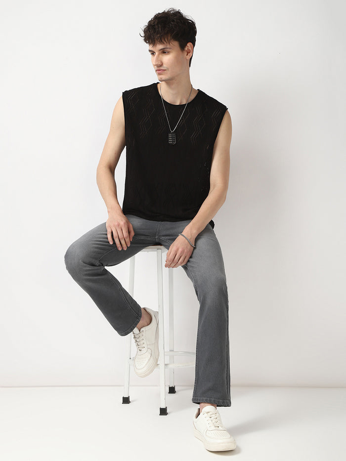 Men's Grey Straight Fit Washed Jeans Stretchable