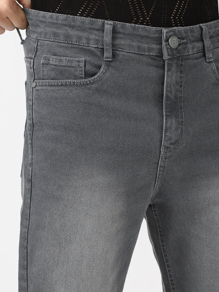 Men's Grey Straight Fit Washed Jeans Stretchable