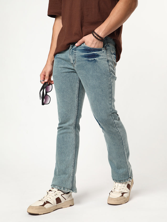 Men's Ice Blue Bootcut Fit Mid Rise Acid Wash Jeans Stretchable