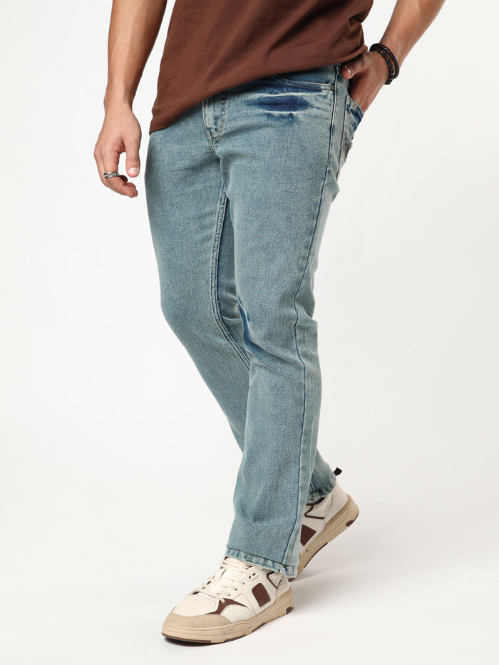 Men's Ice Blue Bootcut Fit Mid Rise Acid Wash Jeans Stretchable