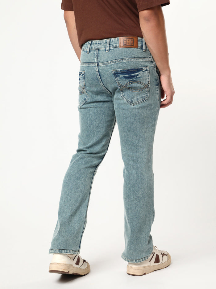 Men's Ice Blue Bootcut Fit Mid Rise Acid Wash Jeans Stretchable