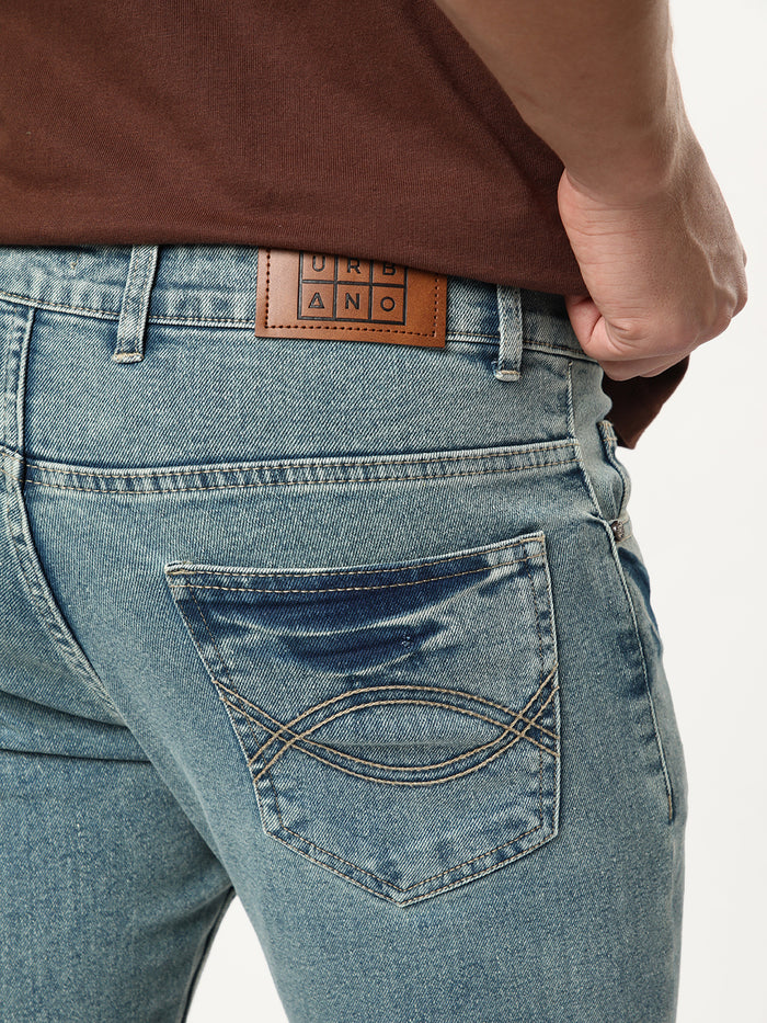 Men's Ice Blue Bootcut Fit Mid Rise Acid Wash Jeans Stretchable