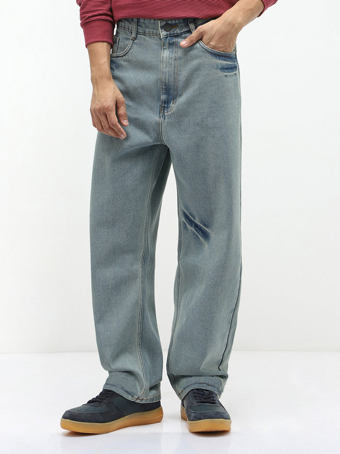 Men's Ice Blue Loose Baggy Fit Washed Jeans Non-Stretchable