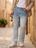Men's Ice Blue Straight Fit Heavy Washed Faded Denim Jeans Stretchable
