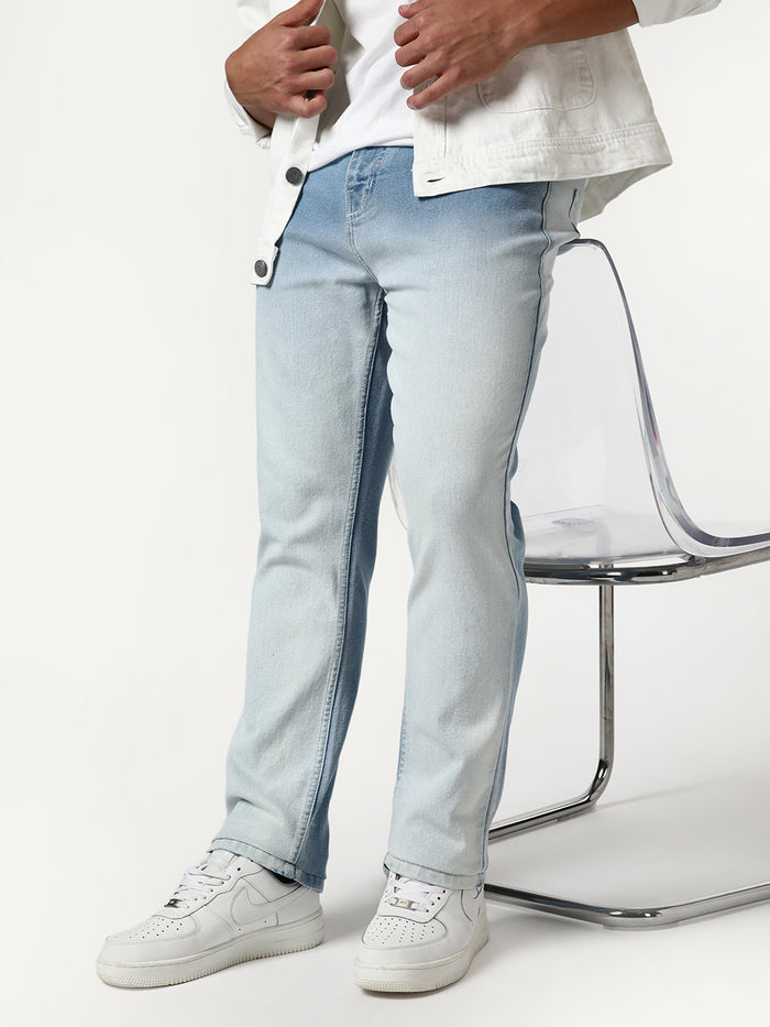 Men's Ice Blue Straight Fit Heavy Washed Faded Denim Jeans Stretchable