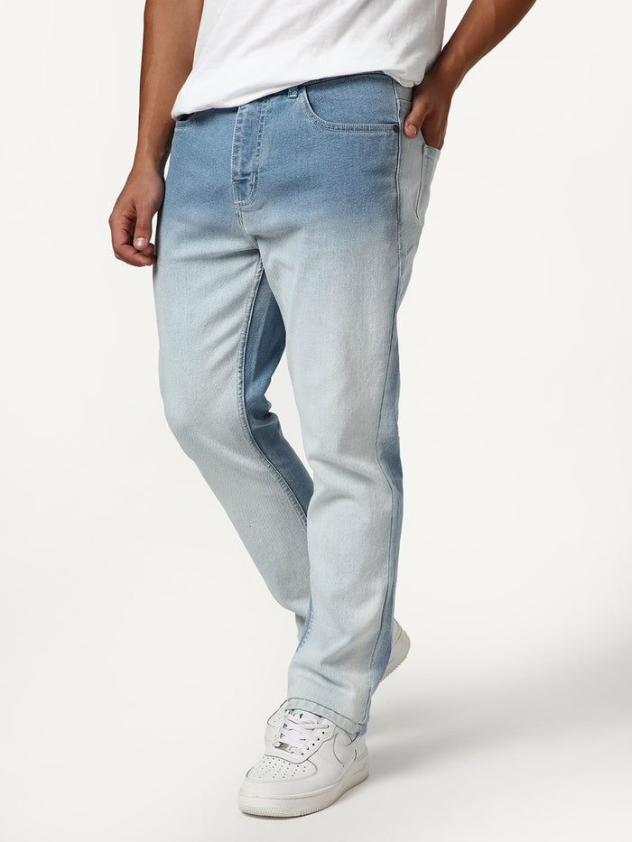 Men's Ice Blue Straight Fit Heavy Washed Faded Denim Jeans Stretchable