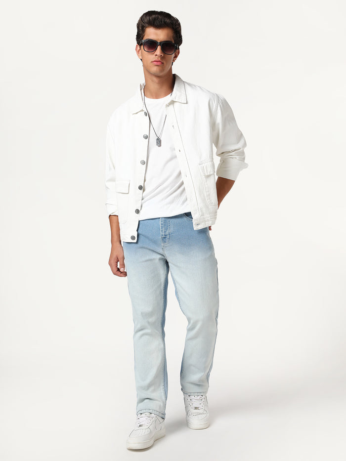 Men's Ice Blue Straight Fit Heavy Washed Faded Denim Jeans Stretchable