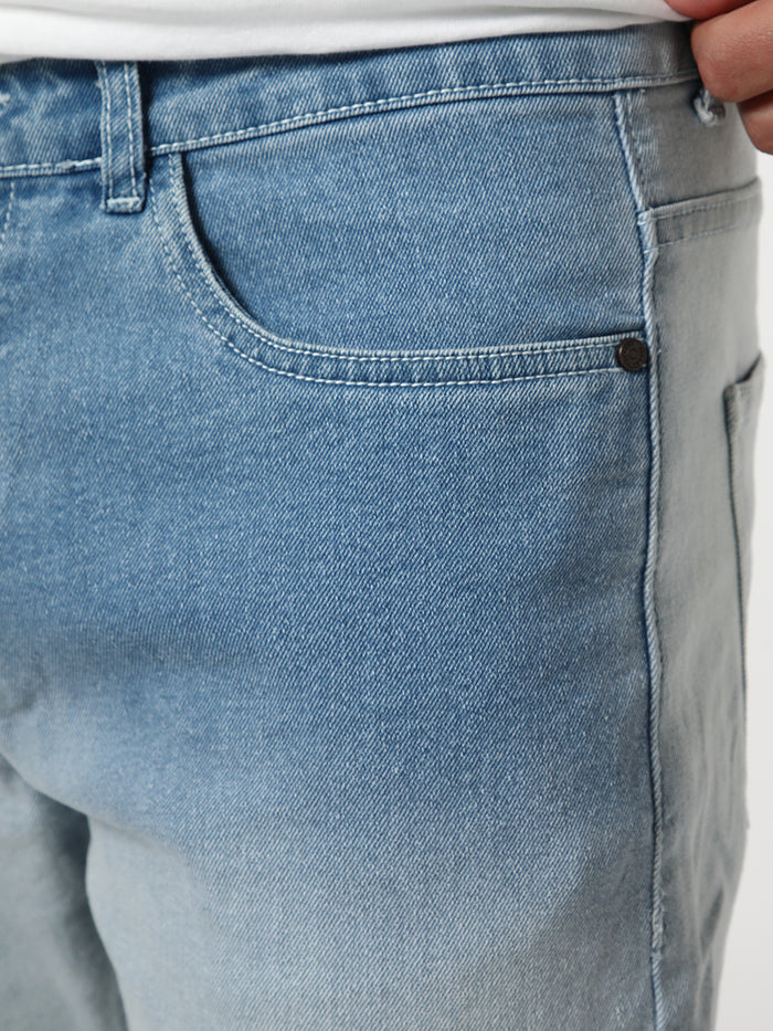 Men's Ice Blue Straight Fit Heavy Washed Faded Denim Jeans Stretchable