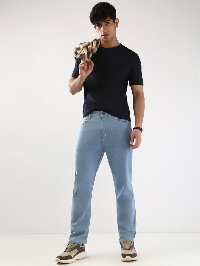 Men's Ice Blue Straight Fit Washed Jeans Stretchable