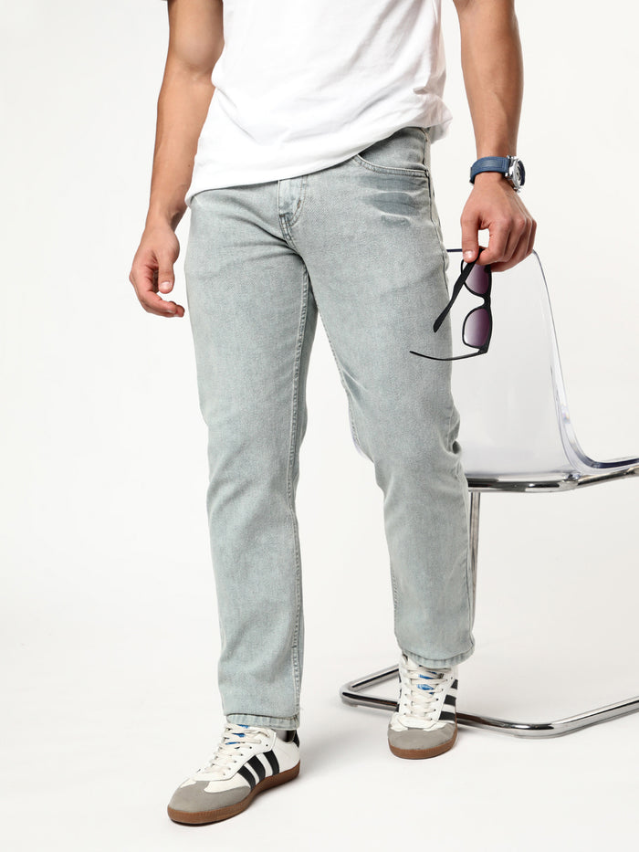 Men's Ice Grey Regular Fit Acid Washed Denim Jeans Stretchable