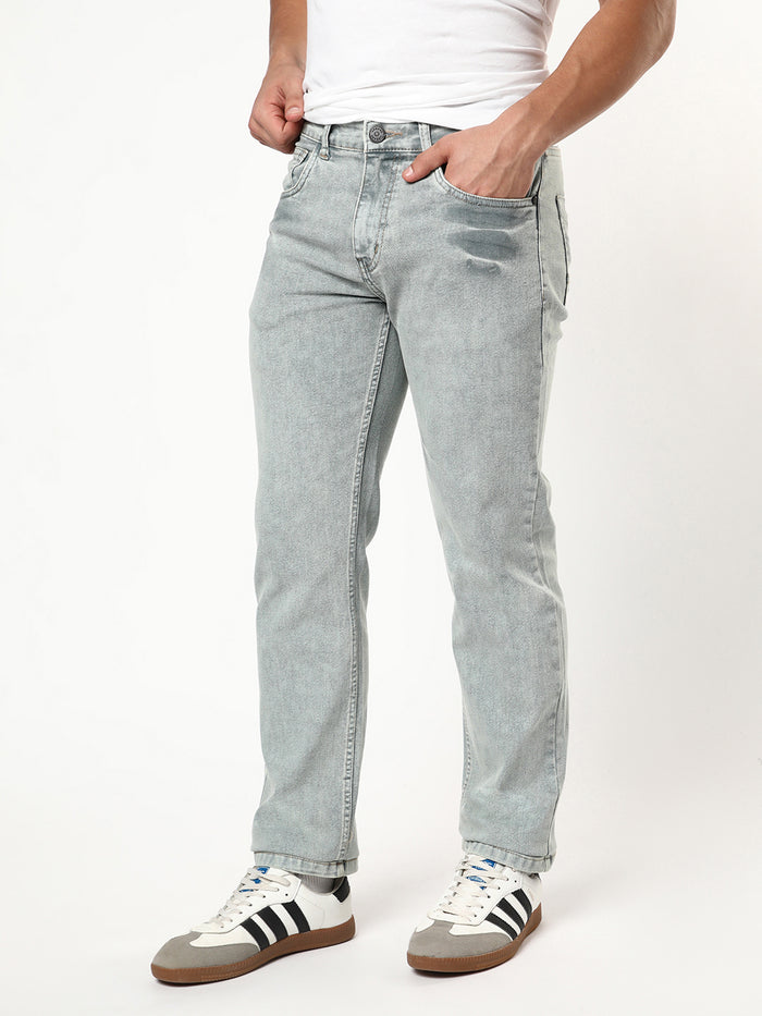 Men's Ice Grey Regular Fit Acid Washed Denim Jeans Stretchable