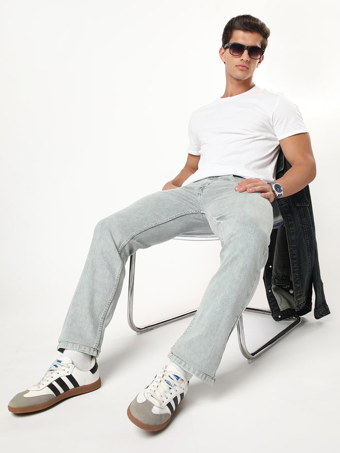 Men's Ice Grey Regular Fit Acid Washed Denim Jeans Stretchable