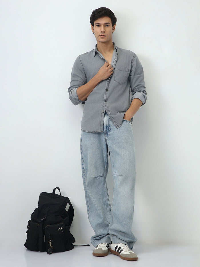 Men's Ice Grey Regular Fit Full Sleeve Solid Denim Shirt