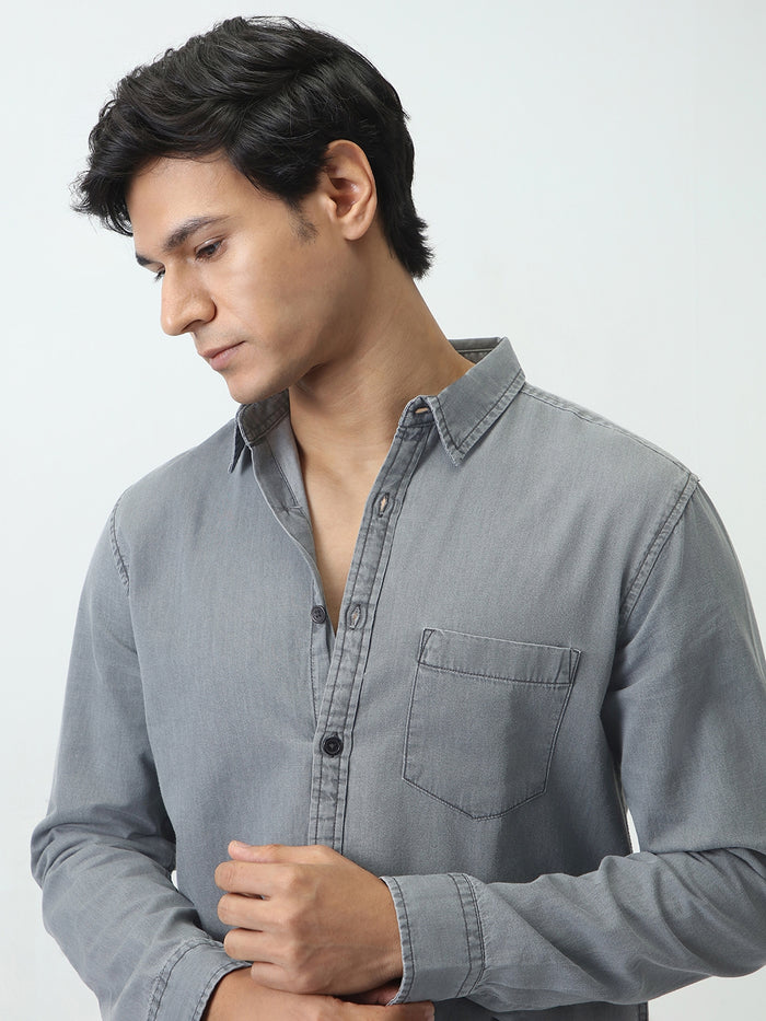 Men's Ice Grey Regular Fit Full Sleeve Solid Denim Shirt