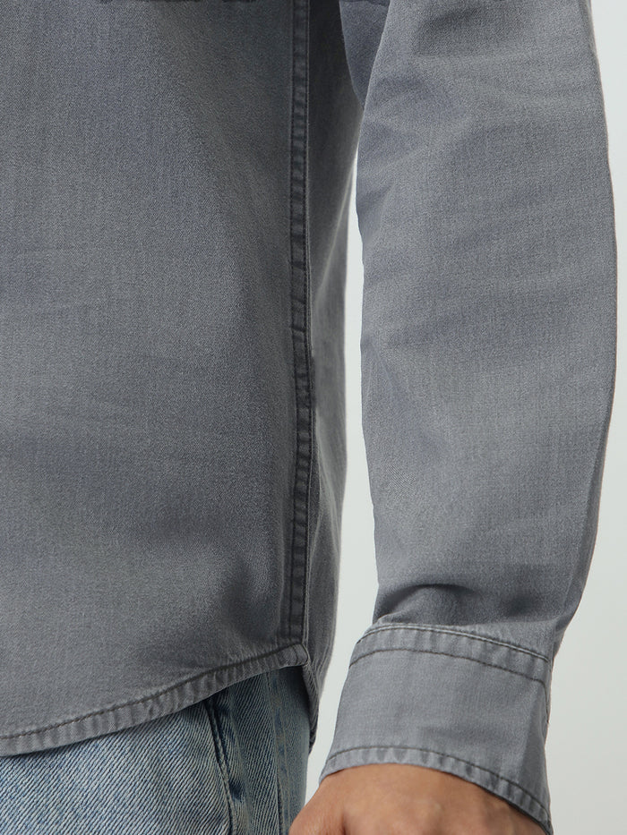 Men's Ice Grey Regular Fit Full Sleeve Solid Denim Shirt