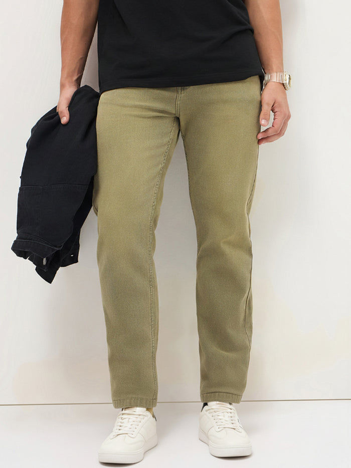 Men's Ice Grey Regular Fit Whisker Wash Yellow Tint Denim Jeans Stretchable