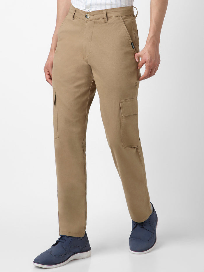 Men's Khaki Regular Fit Solid Cargo Chino Pant with 6 Pockets Stretchable