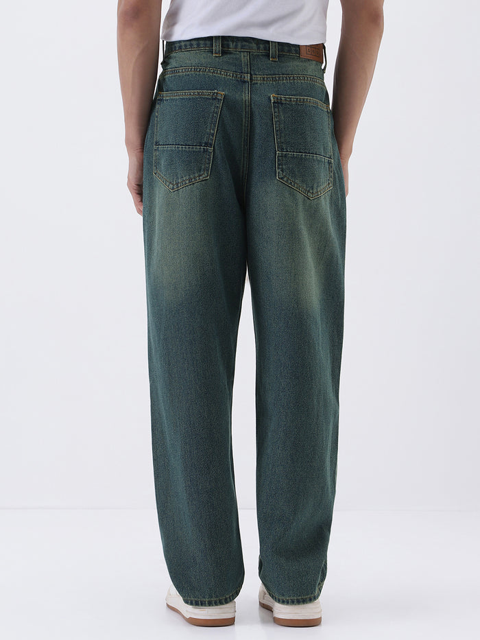 Men's Light Blue Loose Baggy Fit Heavy Washed Jeans Non-Stretchable