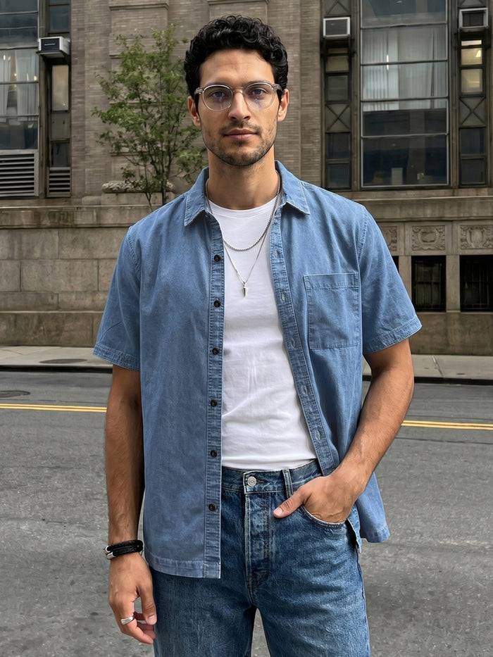 Men's Light Blue Oversized Fit Half Sleeve Solid Casual Denim Shirt
