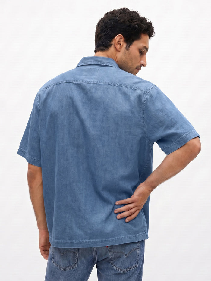 Men's Light Blue Oversized Fit Half Sleeve Solid Casual Denim Shirt