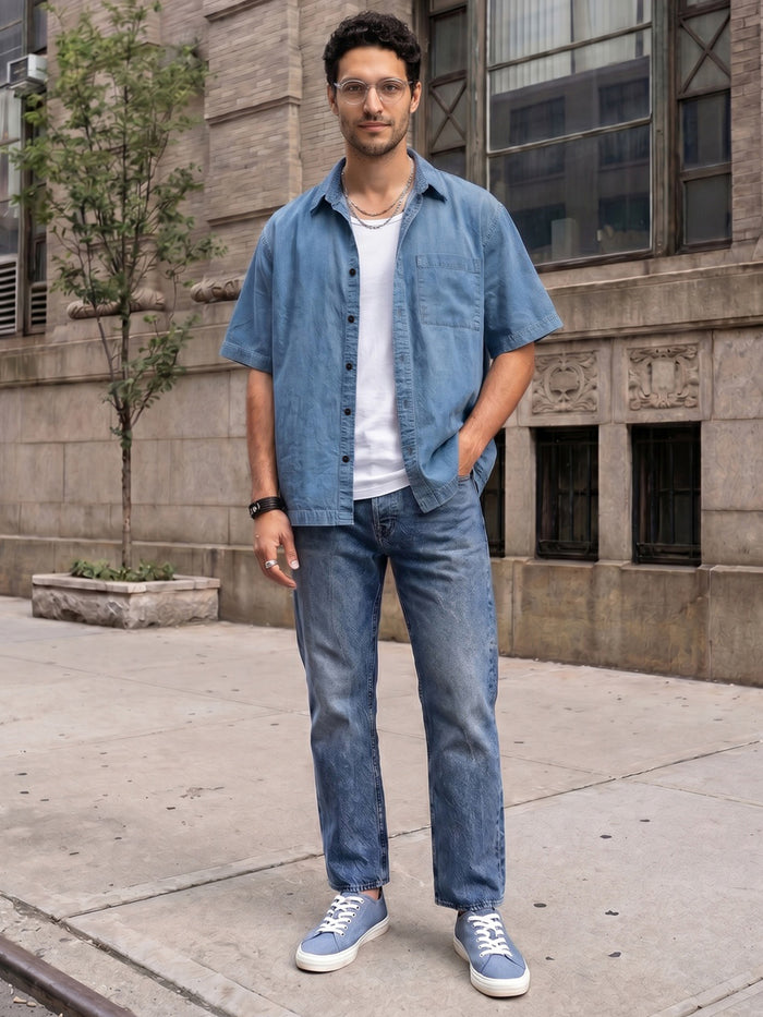 Men's Light Blue Oversized Fit Half Sleeve Solid Casual Denim Shirt