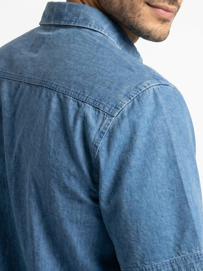 Men's Light Blue Oversized Fit Half Sleeve Solid Casual Denim Shirt