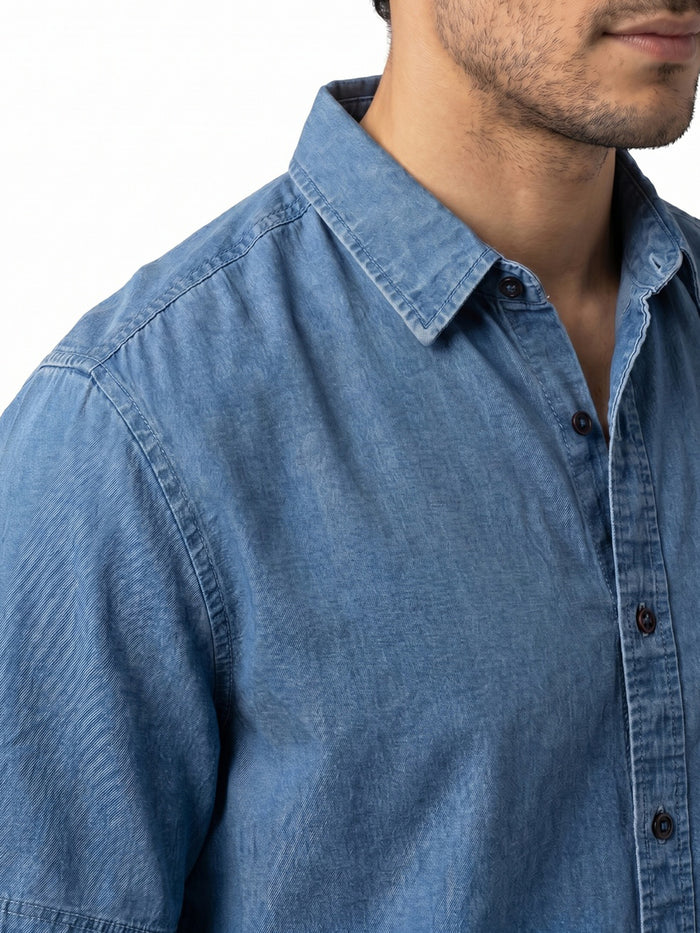 Men's Light Blue Oversized Fit Half Sleeve Solid Casual Denim Shirt