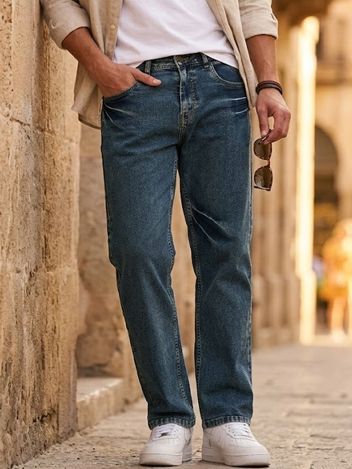 Men's Light Blue Regular Fit Acid Washed Denim Jeans Stretchable