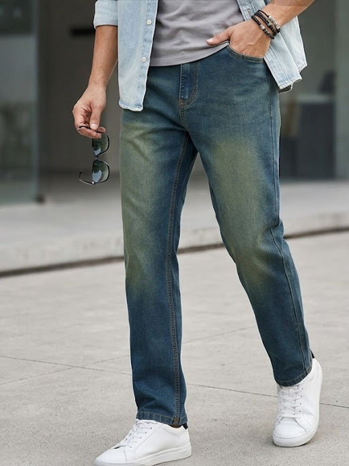 Men's Light Blue Straight Fit Heavy Washed Jeans Stretchable