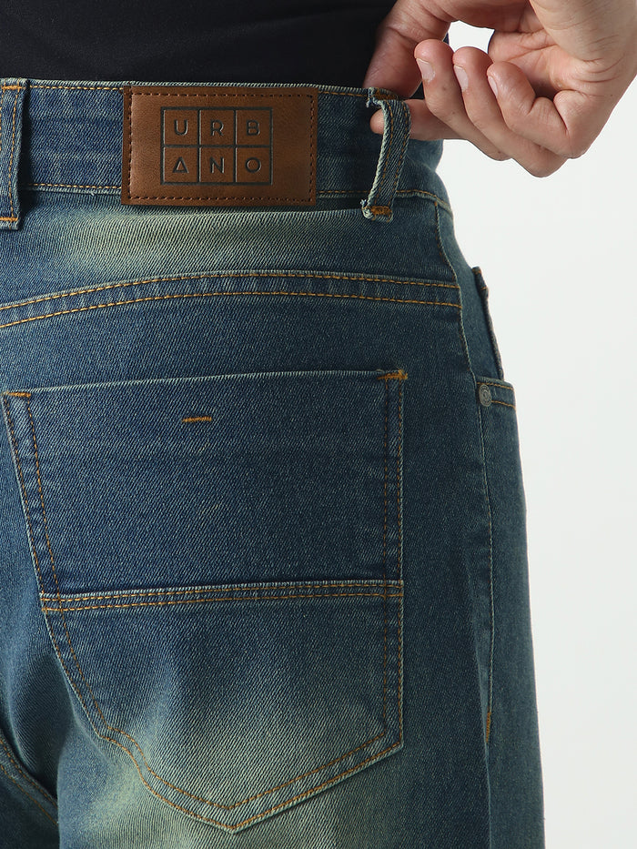 Men's Light Blue Straight Fit Heavy Washed Jeans Stretchable