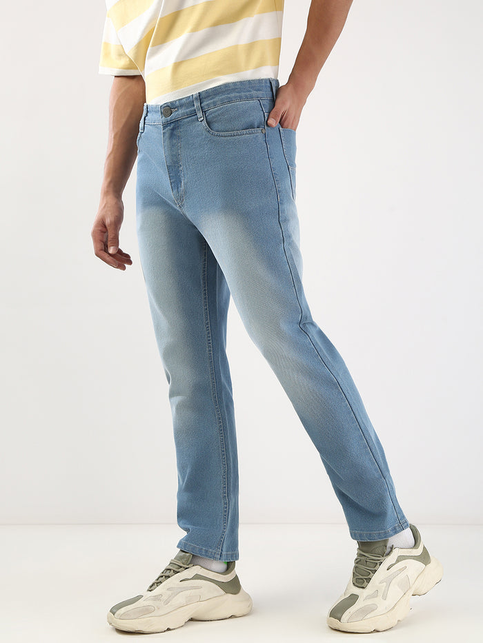 Men's Light Blue Straight Fit Washed Jeans Stretchable