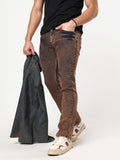 Men's Light Brown Bootcut Fit Mid Rise Acid Wash Jeans Stretchable