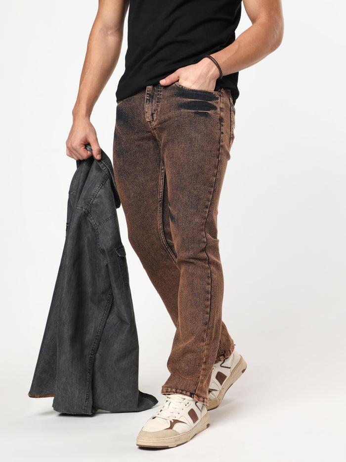 Men's Light Brown Bootcut Fit Mid Rise Acid Wash Jeans Stretchable