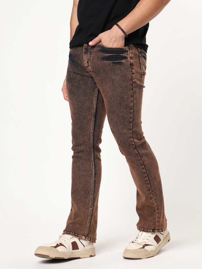 Men's Light Brown Bootcut Fit Mid Rise Acid Wash Jeans Stretchable