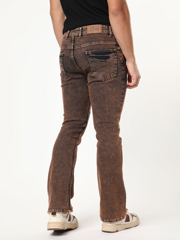 Men's Light Brown Bootcut Fit Mid Rise Acid Wash Jeans Stretchable