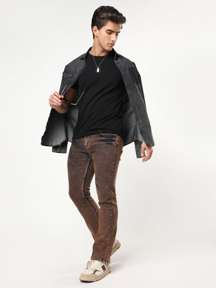 Men's Light Brown Bootcut Fit Mid Rise Acid Wash Jeans Stretchable