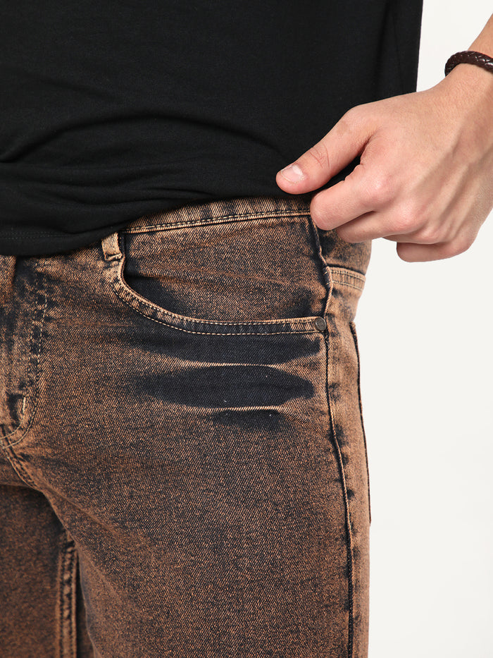 Men's Light Brown Bootcut Fit Mid Rise Acid Wash Jeans Stretchable