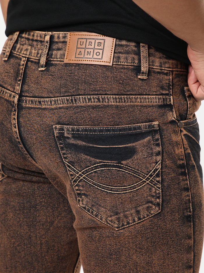 Men's Light Brown Bootcut Fit Mid Rise Acid Wash Jeans Stretchable