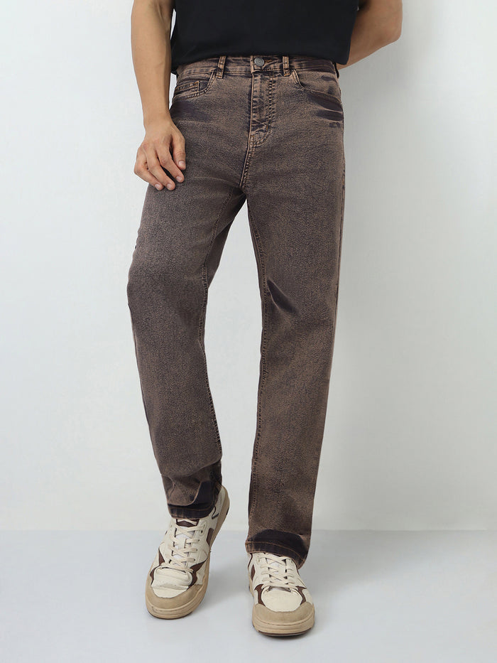Men's Light Brown Straight Fit Heavy Washed Jeans Stretchable