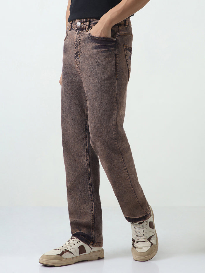 Men's Light Brown Straight Fit Heavy Washed Jeans Stretchable