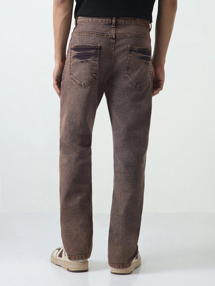 Men's Light Brown Straight Fit Heavy Washed Jeans Stretchable