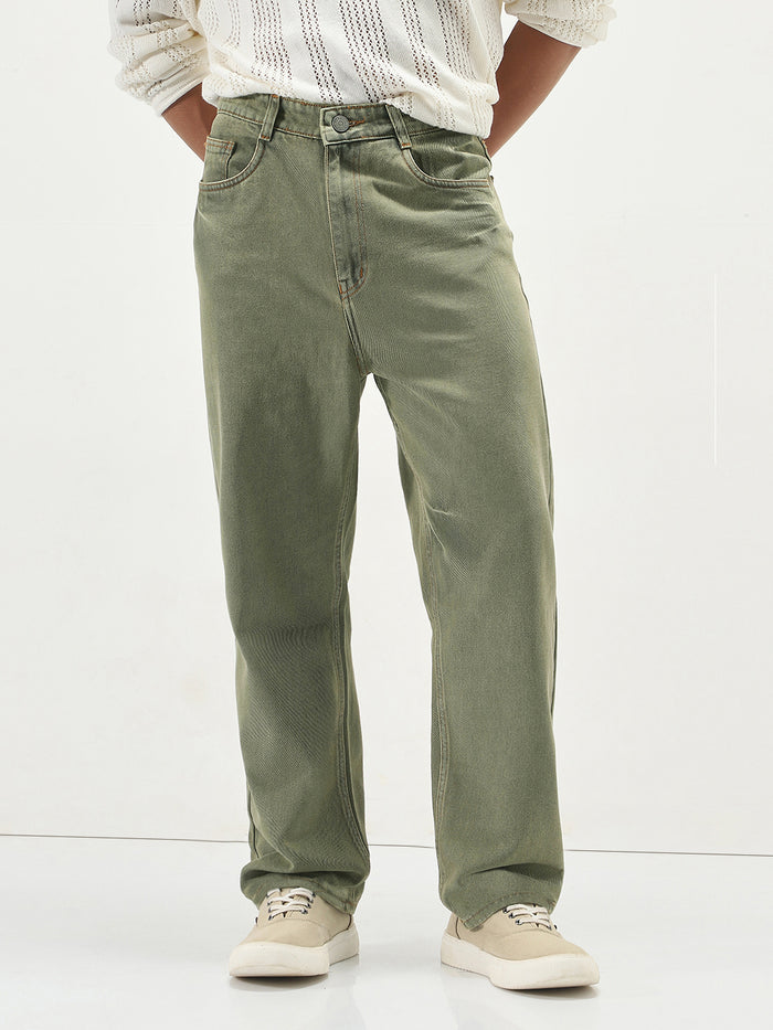 Men's Light Green  Loose Baggy Fit Washed Jeans Non-Stretchable